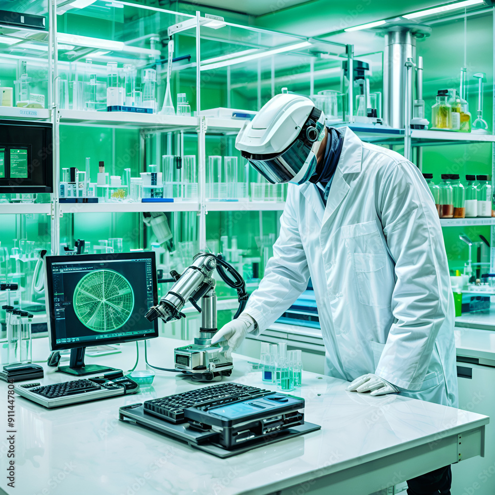 High-tech research lab with robots, test tubes, scientists. High-tech research lab with robots, test tubes, scientists.