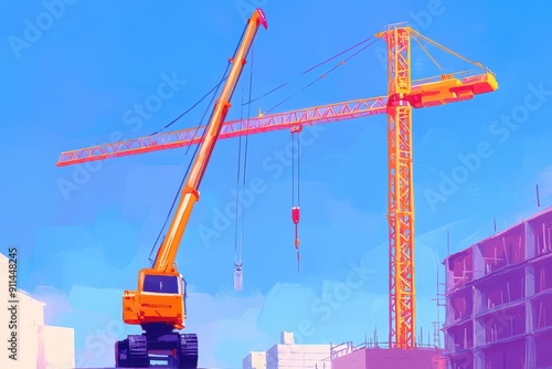 Mobile crane on a busy road, tower crane overseeing a construction site, vibrant illustration capturing urban development and machinery in action photo