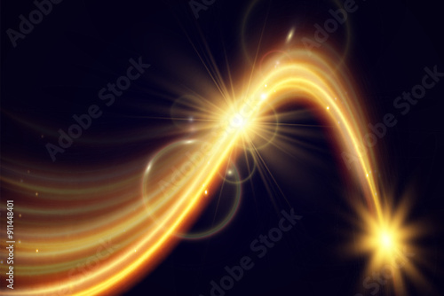 Light wave of shiny gold lines.Gold color glowing design element.Wavy bright stripes.
