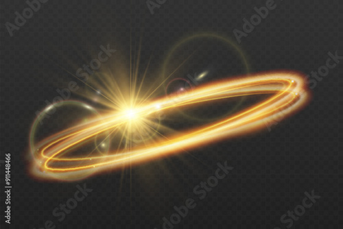 Light wave of shiny gold lines.Gold color glowing design element.Wavy bright stripes.
