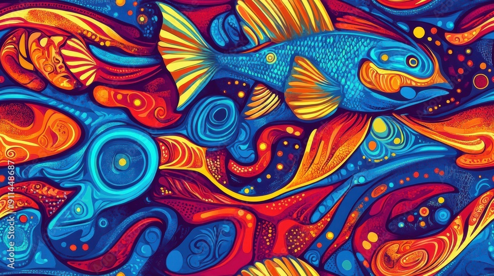 Seamless pattern of illustration of a fish swimming among vibrant vintage background. Seamless pattern of illustration of a fish swimming among vibrant vintage background.