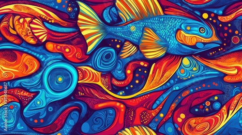 Seamless pattern of illustration of a fish swimming among vibrant vintage background. 