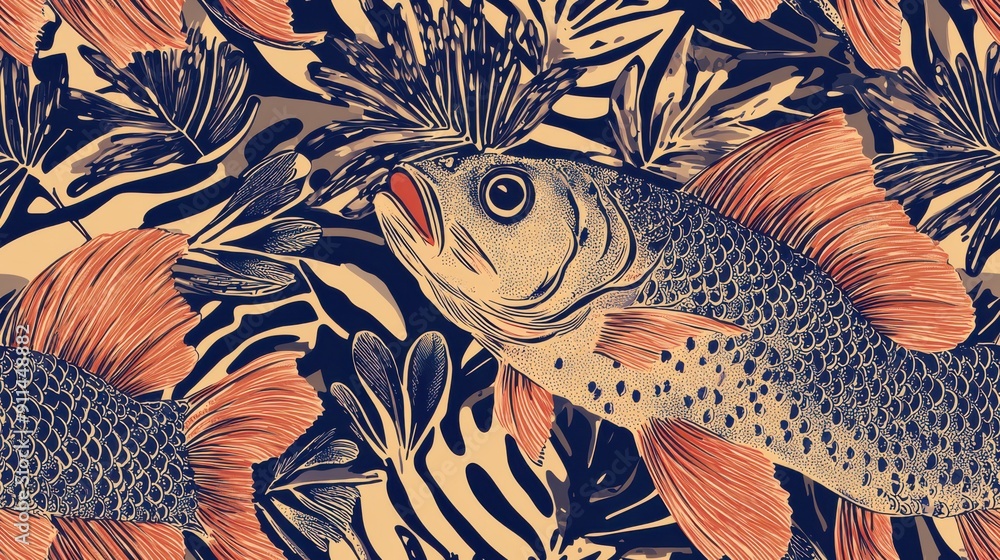 Seamless pattern of illustration of a fish swimming among vibrant vintage background. Seamless pattern of illustration of a fish swimming among vibrant vintage background.