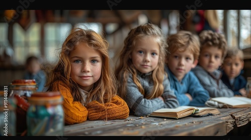 Children working together on a group assignment at a round table