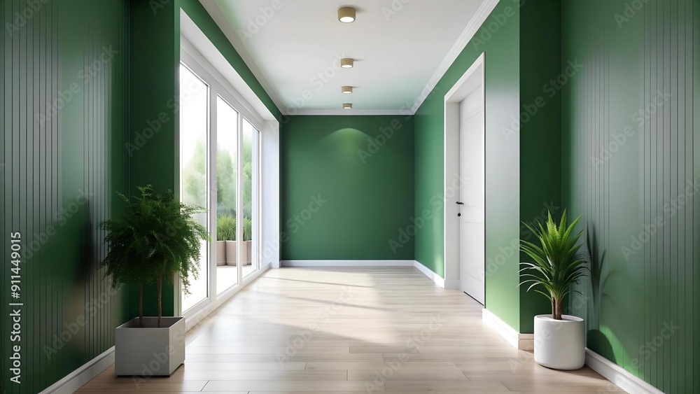 Obraz premium Minimalist White Hallway with Lush Green Walls and Natural Light generative AI