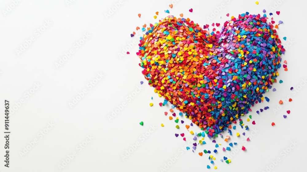 Rainbow confetti heart on a clean white backdrop, providing space for personalized messages or designs. Rainbow confetti heart on a clean white backdrop, providing space for personalized messages or designs.