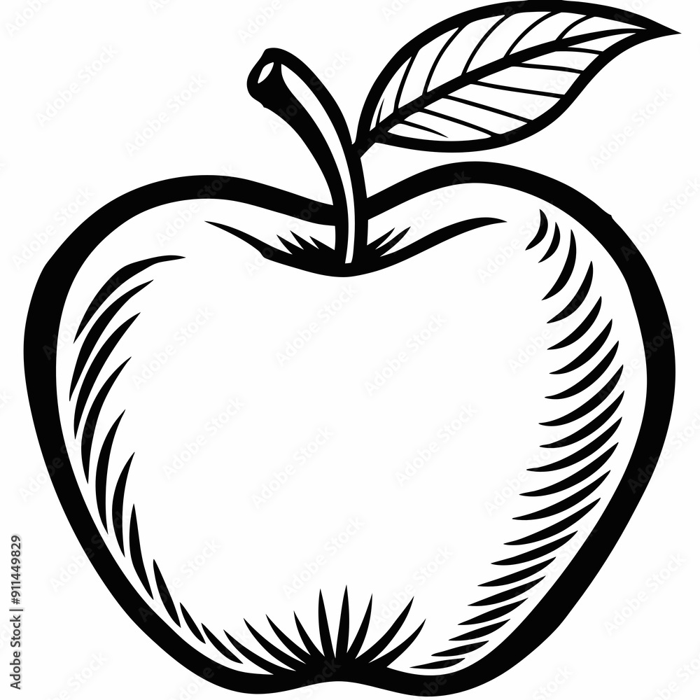 Black and White Apple Illustration with Leaf Detail Black and White Apple Illustration with Leaf Detail