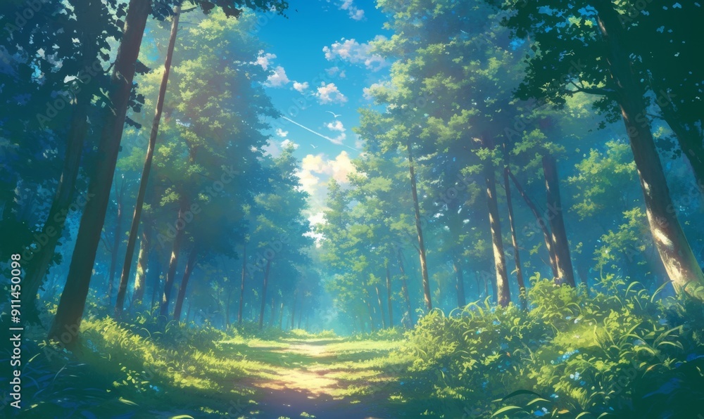 Obraz premium Enchanting Anime Forest Landscape: Serene Afternoon Scene with Lush Greenery and Dappled Sunlight. Dreamy Cartoon-style Illustration for Creative Marketing. AI-generated 4K Wallpaper Design with Vibra