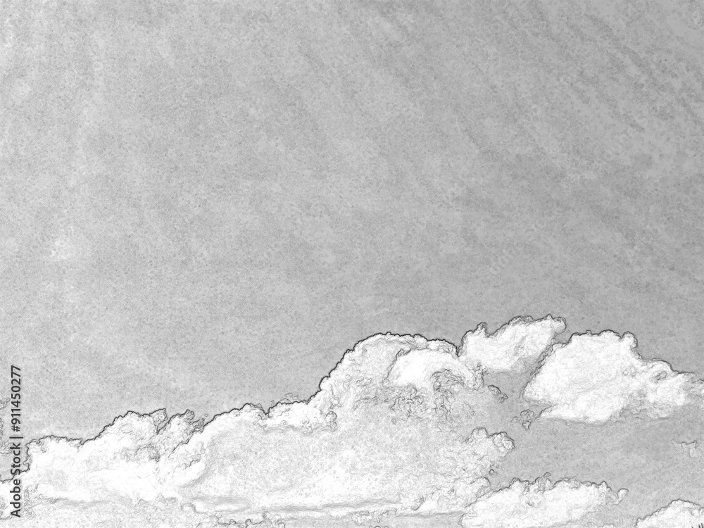 Fototapeta premium Summer white fluffy cumulus clouds in the deep blue sky. Pencil drawn sketch illustration, sketchy draft