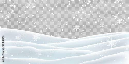 Snow flakes, snow and blizzard falling on snowdrifts. Snow landscape decoration, frozen hills isolated on png background. Vector heavy snowfall with snowbanks field. Christmas vector illustration