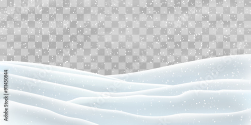 Snow flakes, snow and blizzard falling on snowdrifts. Snow landscape decoration, frozen hills isolated on png background. Vector heavy snowfall with snowbanks field. Christmas vector illustration