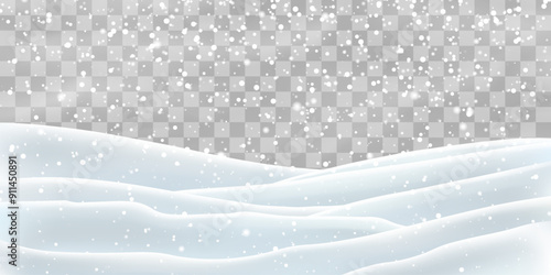 Snow flakes, snow and blizzard falling on snowdrifts. Snow landscape decoration, frozen hills isolated on png background. Vector heavy snowfall with snowbanks field. Christmas vector illustration