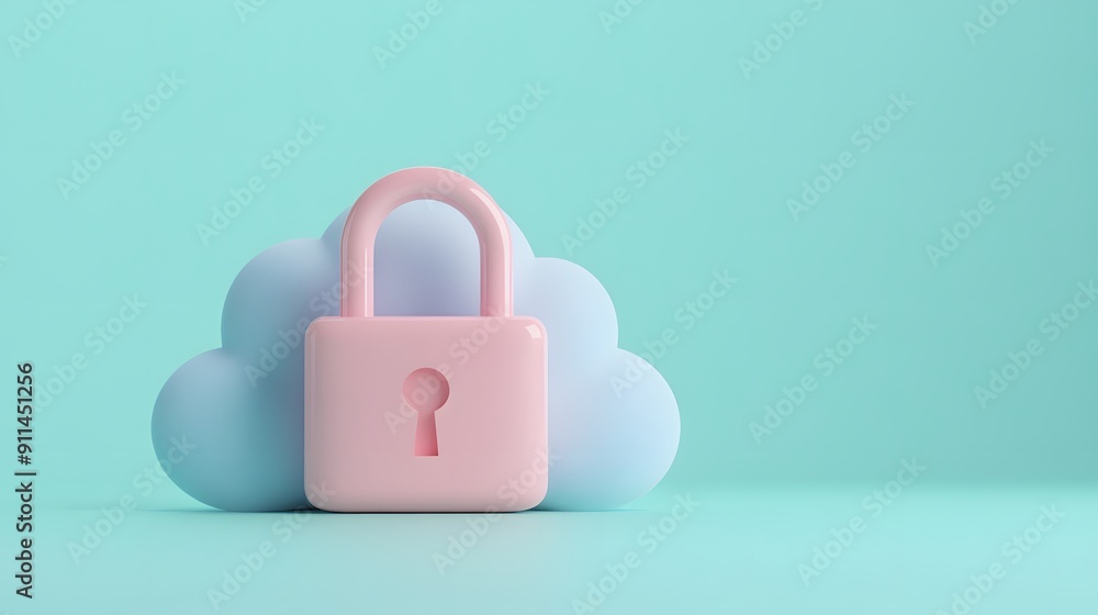 3D illustration of a pink lock on a blue cloud symbolizing cloud security and data protection. Minimalistic design with pastel colors. 3D illustration of a pink lock on a blue cloud symbolizing cloud security and data protection. Minimalistic design with pastel colors.