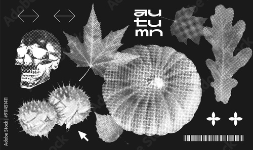 Trendy grungy set of autumn elements with a retro negative photocopy effect. Mesh grain halftone texture for collage elements, poster banners, and covers. Vector mixed design techniques.