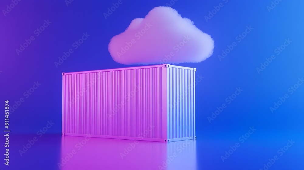 3D illustration of a shipping container under a cloud on pink and blue background, representing cloud computing and storage. 3D illustration of a shipping container under a cloud on pink and blue background, representing cloud computing and storage.