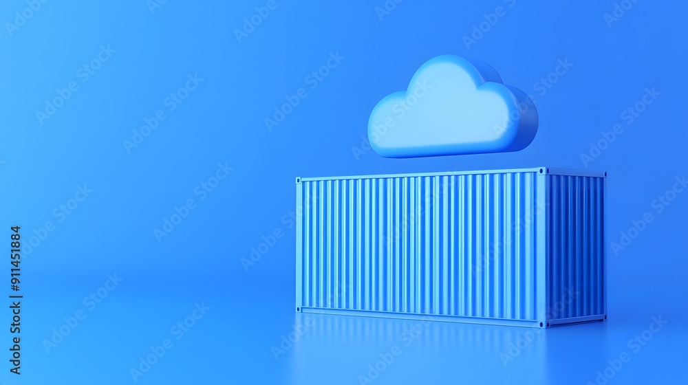 3D illustration of a shipping container with a cloud above it, symbolizing cloud computing and data storage in a modern, blue-toned setting. 3D illustration of a shipping container with a cloud above it, symbolizing cloud computing and data storage in a modern, blue-toned setting.