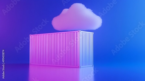 3D illustration of a shipping container under a cloud on pink and blue background, representing cloud computing and storage.