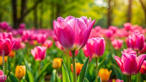 Vibrant pink tulip stands out against a lush green backdrop of budding flowers, capturing the essence of spring's beauty and renewal in a stunning nature-inspired scene.