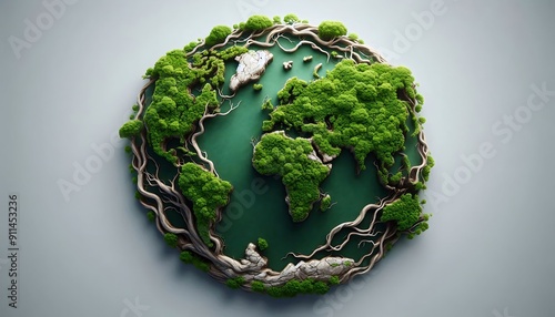 Lush Green World Map with Trees and Vines on Light Background photo