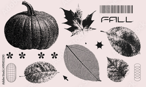 Autumn elements set with pumpkin, herbarium leaves with grainy photocopy effect. y2k Grunge fall collection stippling. Vector illustration