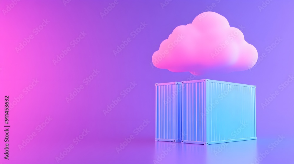 3D illustration of cloud computing concept with a floating cloud over a shipping container against a vibrant gradient background. 3D illustration of cloud computing concept with a floating cloud over a shipping container against a vibrant gradient background.