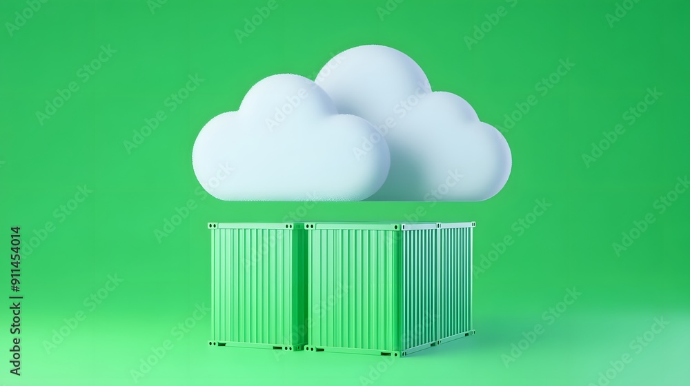 3D illustration of cloud computing concept with two containers on a green background, symbolizing data storage and cloud technology. 3D illustration of cloud computing concept with two containers on a green background, symbolizing data storage and cloud technology.