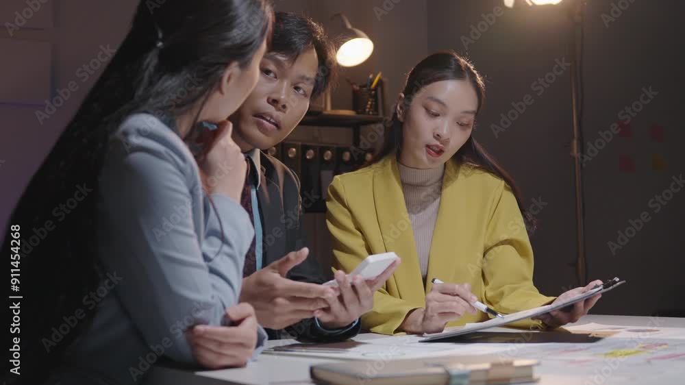 Professional team collaborating on project planning in a late night meeting. Reviewing documents, taking notes, and actively engaging in problem solving