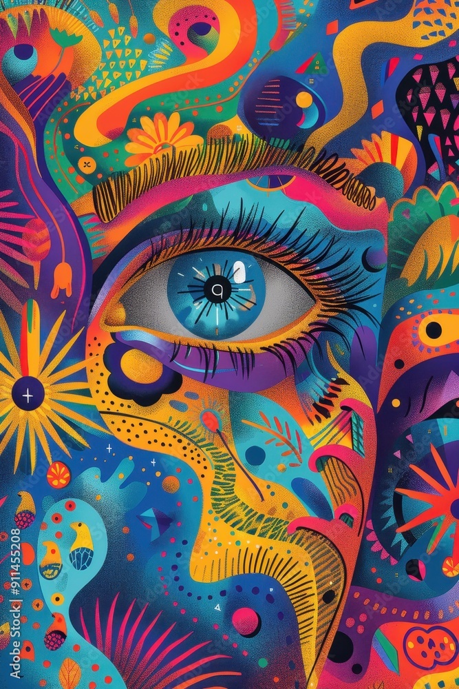 Eye-catching Poster Illustration with Central Doodle Eye and Colorful Abstract Shapes Eye-catching Poster Illustration with Central Doodle Eye and Colorful Abstract Shapes