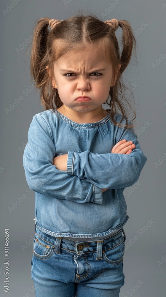 Adorable little girl with pigtails frowning and crossing arms, expressing strong disapproval in denim outfit against a neutral background. Adorable little girl with pigtails frowning and crossing arms, expressing strong disapproval in denim outfit against a neutral background.