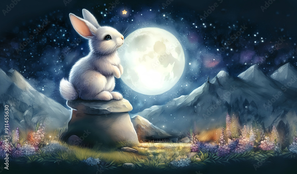 The watercolor painting is a beautiful mix of orange, pink and blue, and features a natural moon rabbit. The watercolor painting is a beautiful mix of orange, pink and blue, and features a natural moon rabbit.
