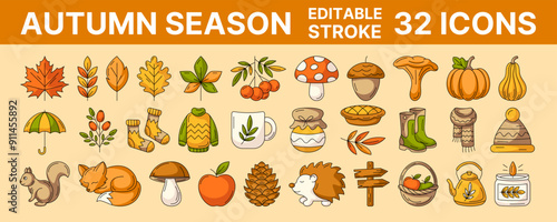 Canvas Print Autumn colorful line icons set, vector illustration, editable black stroke