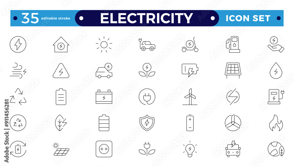 Electricity icon set with electromagnetic radiation, charger flow, lightning strike, static, induction, electric current, and electromagnetic radiation. Editable stroke outline icon. Electricity icon set with electromagnetic radiation, charger flow, lightning strike, static, induction, electric current, and electromagnetic radiation. Editable stroke outline icon.