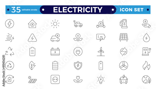 Electricity icon set with electromagnetic radiation, charger flow, lightning strike, static, induction, electric current, and electromagnetic radiation. Editable stroke outline icon. 