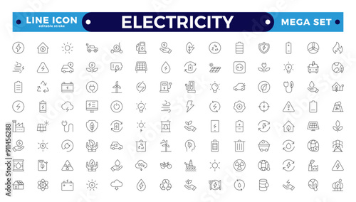 0806 Electricity icon set with electromagnetic radiation, charger flow, lightning strike, static, induction, electric current, and electromagnetic radiation. Editable stroke outline icon. 