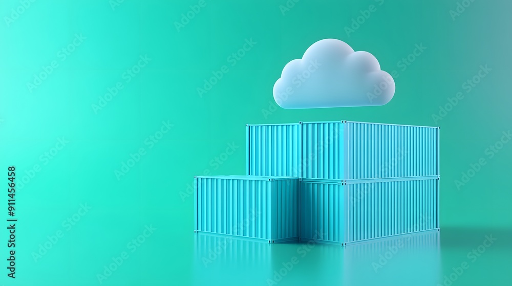 3D illustration of shipping containers with a cloud icon on a turquoise background, symbolizing data storage and cloud computing. 3D illustration of shipping containers with a cloud icon on a turquoise background, symbolizing data storage and cloud computing.