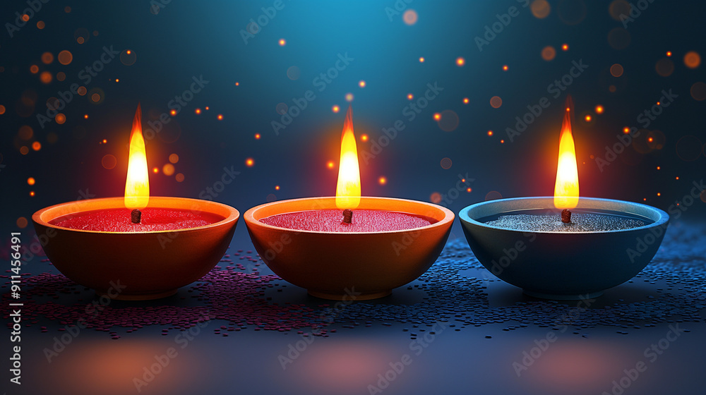 Greeting card for Happy Diwali Festival of light with clay Diya lamps. Top view. Copy space for text. Generative AI Illustration. Greeting card for Happy Diwali Festival of light with clay Diya lamps. Top view. Copy space for text. Generative AI Illustration.