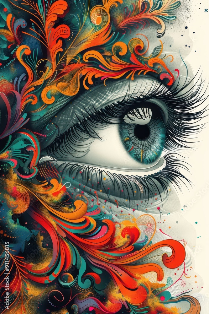 Fototapeta premium Eye-catching Abstract Poster Design with Vibrant Stylized Doodle Eye and Colorful Patterns