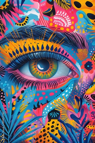 Vision of Creativity: Central Doodle Eye Surrounded by Playful and Colorful Patterns