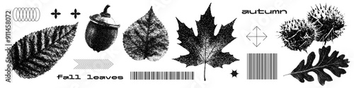 Forest acorn, chestnut, leaves set with retro photocopy stipple effect. Collection for grunge punk y2k collage design. Autumn nature season. Vintage halftone element brutalist design for collage