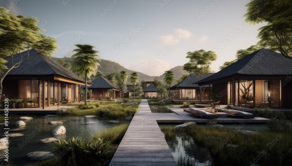 Obraz premium Tropical Resort with Wooden Cabins and Pond Walkway.