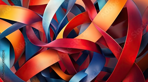 Abstract background with 3D red, orange, and blue ribbons intertwining in a colorful design. --ar 16:9 --v 6.1 Job ID: 6c950684-83cd-4820-b846-157cd6f64a04