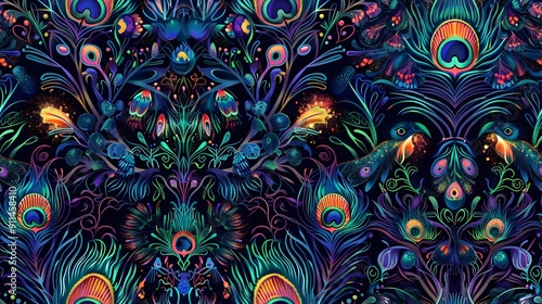 Kaleidoscopic Peacock Feathers Seamless Pattern with Enchanted Forest Elements