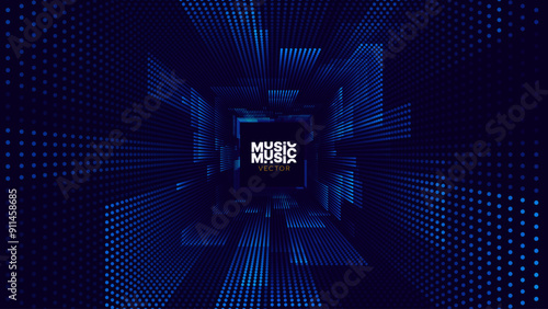 Square Frame Border Blue Lights DJ Party Flyer Background. Rectangle Tunnel Big Data Backdrop. Abstract Blue Digital Background. Computer Digital Tunnel Technology Vector Illustration.