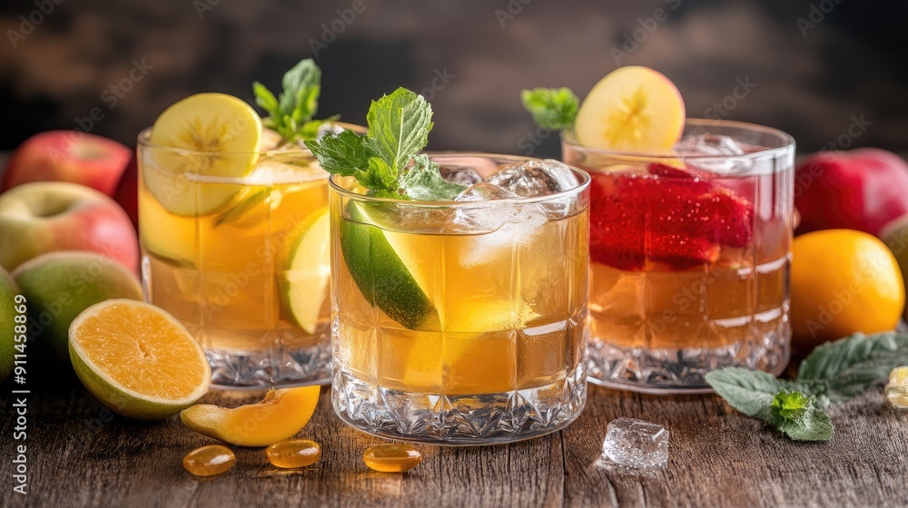 Apple and multivitamin juices in cocktail glasses, set against a backdrop of fresh ripe fruits. Apple and multivitamin juices in cocktail glasses, set against a backdrop of fresh ripe fruits.