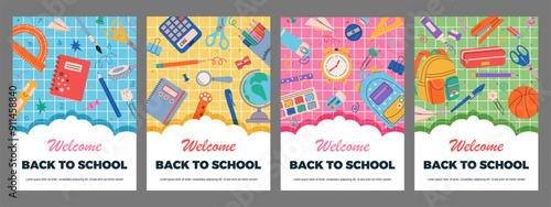 Vector posters set with cute school stationery. Welcome Back to school. Hand drawn school supplies. Design for flyers, advertisements, paper, cover, social media, cards