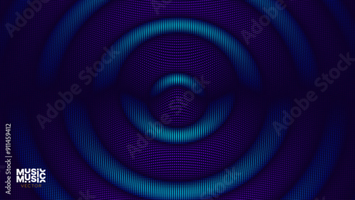 3D Wavy Digital Particles Ripple Effect Abstract Geometric Blue Color Background. Audio Halftone Ripple Visualization. Digital Water Drop Waves Concept. Particles Vector Illustration. 3D Grid Surface.