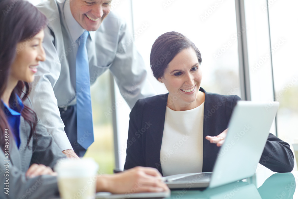 Fototapeta premium Group, law firm and attorney with laptop at office in communication, networking and connection. Business people, technology and discussion in team, company and legal consultant in meeting or research