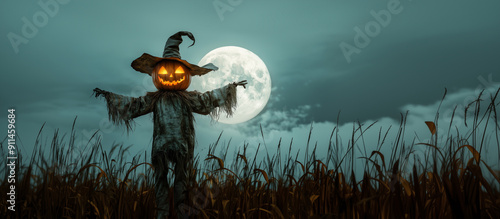 Scarecrow with the head of a halloween pumpkin in a field with full moon in the sky. photo