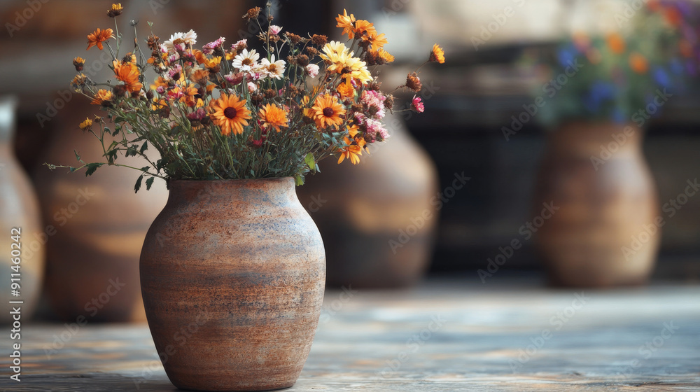 Depict a rustic pottery vase with a textured, earthy finish, holding a collection of wildflowers, set in a country-style kitchen or outdoor patio, emphasizing natural beauty and handmade quality. Depict a rustic pottery vase with a textured, earthy finish, holding a collection of wildflowers, set in a country-style kitchen or outdoor patio, emphasizing natural beauty and handmade quality.