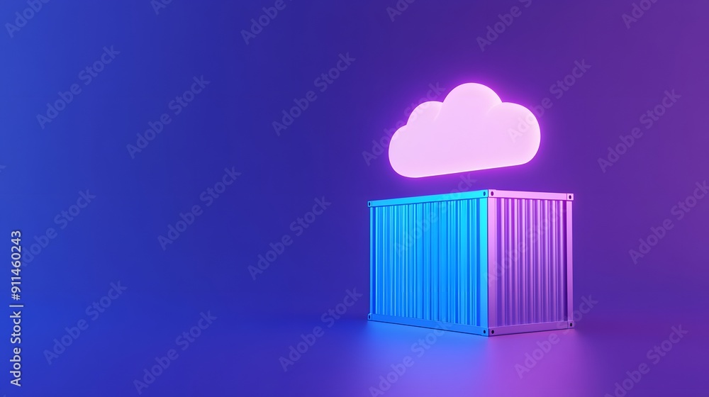 3D rendering of a glowing cloud hovering above a colorful shipping container, symbolizing cloud computing and data storage technology. 3D rendering of a glowing cloud hovering above a colorful shipping container, symbolizing cloud computing and data storage technology.
